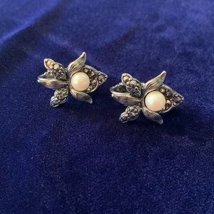 Vintage Silver Clip On Earrings with Pearl